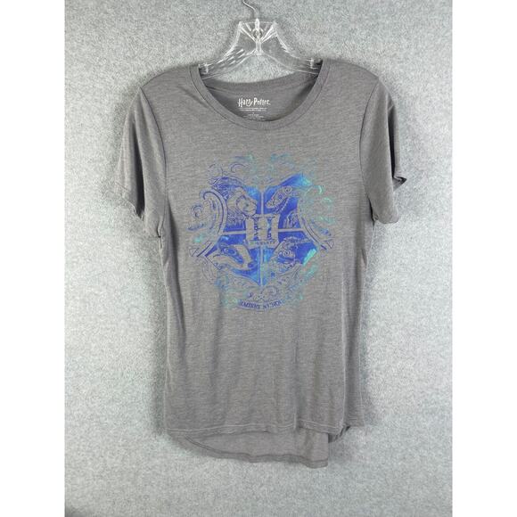 Harry Potter Hogwarts T Shirt Women's Size L Gray Shining Logo Scoop‎ Neck FLAW - Picture 1 of 7